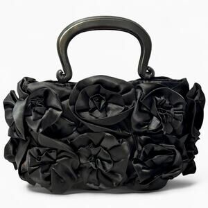 Vintage Mad by Design Black Silk Rose Handbag Glam Evening Purse Horn Handles